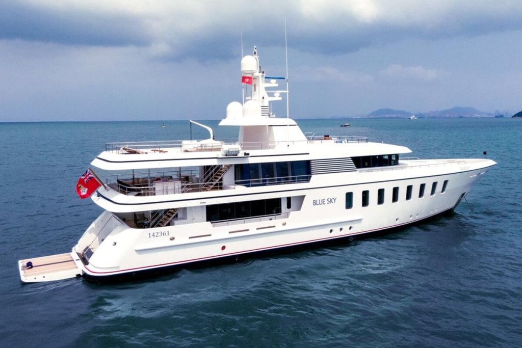 Camper & Nicholsons, sold, sale, sells, Feadship, Blue Sky, Carmen Lau, Gold Coast Marina, Hong Kong, De Voogt Naval Architects, Sinot Yacht Architecture & Design, helipad, Bannenberg & Rowell
