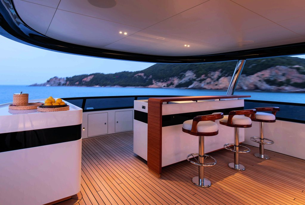 Motopanfilo M/Y Legend has sharp angles and sinewy lines tradition meets tomorrow on Motopanfilo M/Y Legend Warm woods and rounded edges on Motopanfilo M/Y Legend Fabrics by Lora Piana on Motopanfilo M/Y Legend Motopanfilo M/Y Legend’s master suite is forward on the main deck Motopanfilo M/Y features whale rib design Motopanfilo M/Y designed by Francesco Struglia