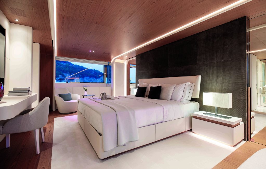 Motopanfilo M/Y Legend has sharp angles and sinewy lines tradition meets tomorrow on Motopanfilo M/Y Legend Warm woods and rounded edges on Motopanfilo M/Y Legend Fabrics by Lora Piana on Motopanfilo M/Y Legend Motopanfilo M/Y Legend’s master suite is forward on the main deck Motopanfilo M/Y features whale rib design Motopanfilo M/Y designed by Francesco Struglia