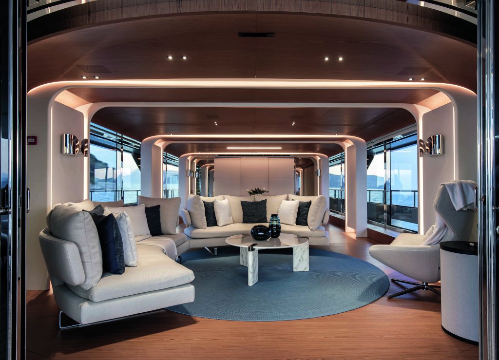 Motopanfilo M/Y Legend has sharp angles and sinewy lines tradition meets tomorrow on Motopanfilo M/Y Legend Warm woods and rounded edges on Motopanfilo M/Y Legend Fabrics by Lora Piana on Motopanfilo M/Y Legend Motopanfilo M/Y Legend’s master suite is forward on the main deck Motopanfilo M/Y features whale rib design Motopanfilo M/Y designed by Francesco Struglia